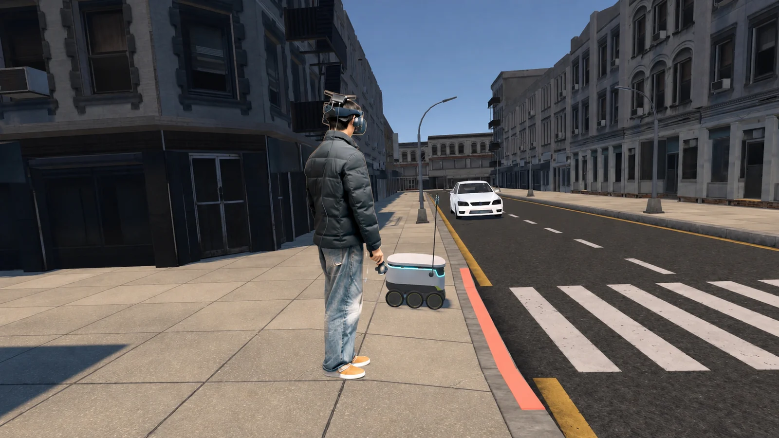 VR虚拟过街场景示意图，包含一名行人与一台送货机器人